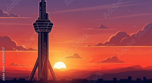 Illustration of a tower at sunset.