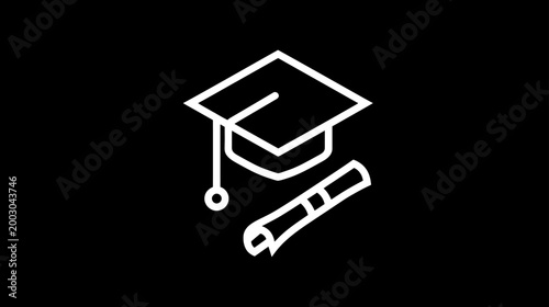 White outline icon of graduation cap and diploma scroll on black background, symbolizing education, achievement, and success.