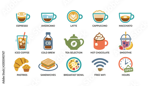 Cafe menu icons displaying drinks and food on white background