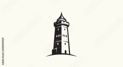 A black and white illustration of a lighthouse.
