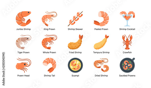 Assorted shrimp and prawn icons displayed in grid layout