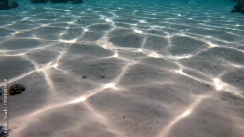 Underwater View of Dappled Sunlight Caustic Patterns on Sandy Ocean Floor with Coral