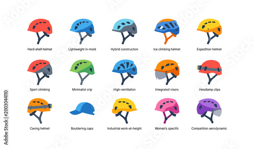 Collection of climbing helmets displayed on white grid