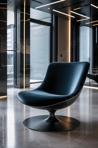 Sleek blue velvet chair in a sophisticated office setting with contemporary design and lighting.