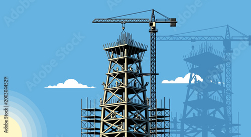 Construction site with crane and scaffolding.