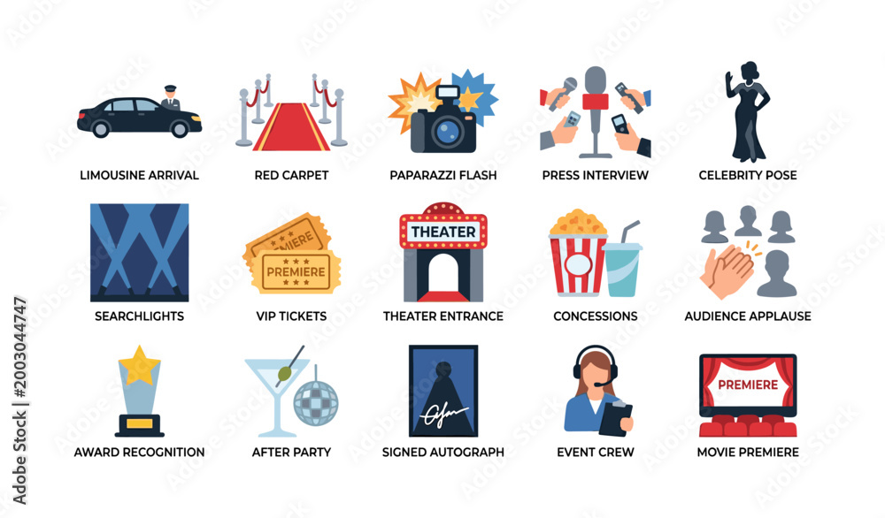 Fototapeta premium Premiere event icons showing red carpet arrival and press