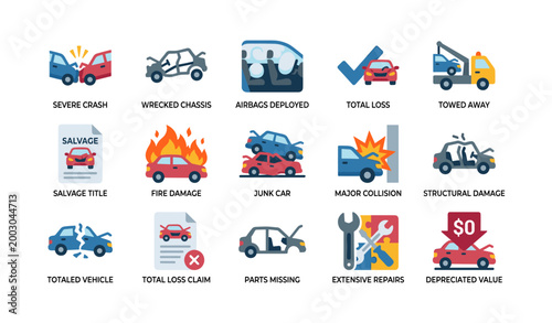 Total loss icons showing wrecked vehicles and salvage processes