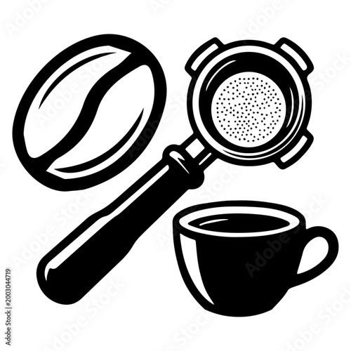 Coffee espresso brewing icon set with portafilter cup and coffee bean vector illustration