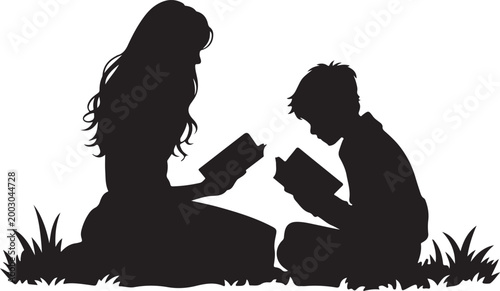 Mother reading bedtime story to her child in bed with moon and stars background silhouette illustrating nightly sleep routine.Family Learning and Education Illustration