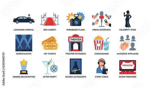 Premiere event icons showing red carpet arrival and press