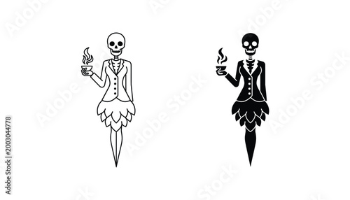 Skull lady holding steaming coffee cup icon set in outline and solid black style for gothic art