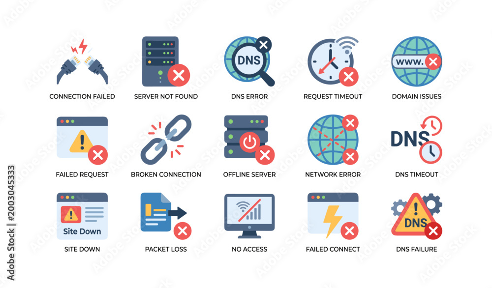Fototapeta premium Network error icons showing connection and dns failures on white