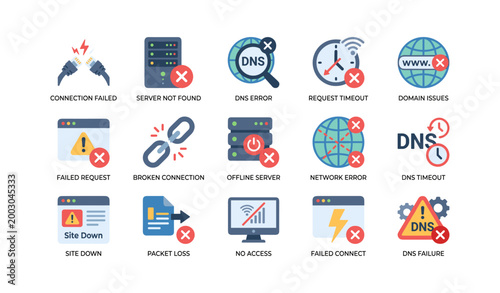 Network error icons showing connection and dns failures on white