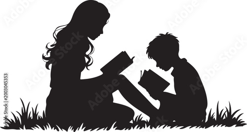 Mother reading bedtime story to her child in bed with moon and stars background silhouette illustrating nightly sleep routine.Family Learning and Education Illustration