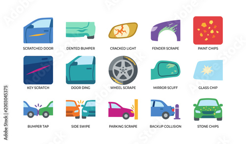 Car damage icons showing exterior dents and scratches on white