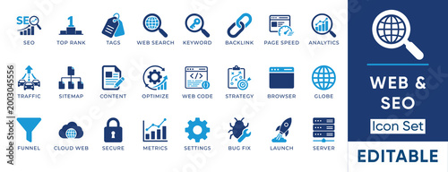 Web and SEO Optimization solid icon set. Includes symbols for Backlink, Page Speed, Sitemap, Keyword, and Analytics. Solid vector icons for digital marketing and website development.