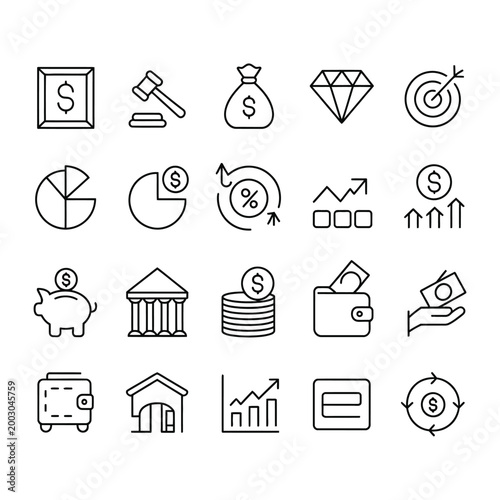Minimalist line set of currency coins and symbols dollar euro