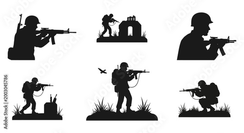 Military silhouette collection soldiers in combat and defensive positions vector illustration