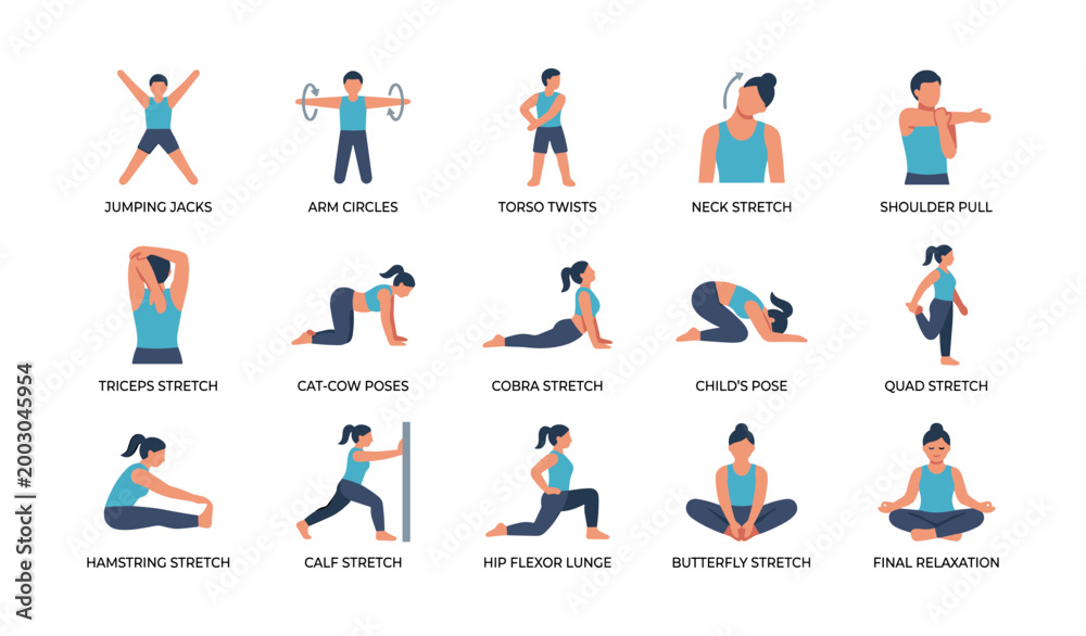 Fototapeta premium Exercise stretching and relaxation poses illustrated in grid layout