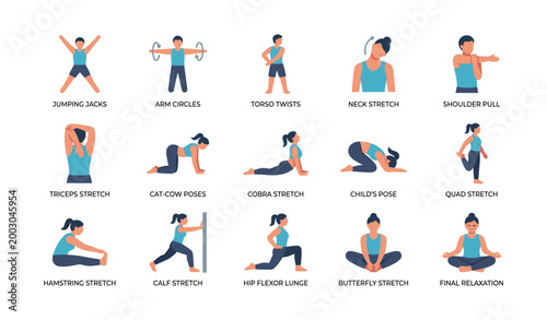 Exercise stretching and relaxation poses illustrated in grid layout