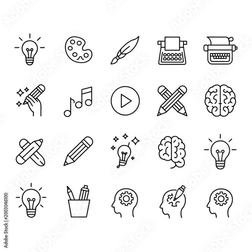 Simple line set of light bulbs and various idea brain