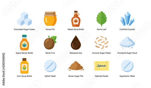 Various sweeteners and sugar substitutes shown as labeled icons