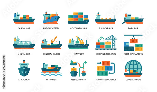 Shipping and maritime icons showing cargo vessels and logistics