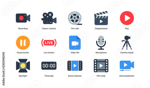 Video and recording icons representing playback and production on white