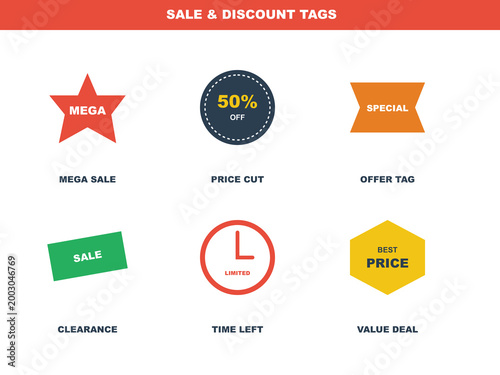 Sale and discount tags collection, flat vector promotional badges for retail marketing, mega sale and price cut offer stickers, clearance and value deal icons