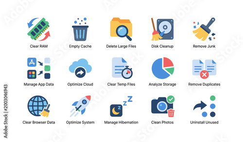 System cleanup and optimization icons arranged on white background