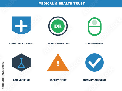 Medical and health trust icons set, professional healthcare quality badges, clinical safety and lab verified symbols, 6 vector marketing elements