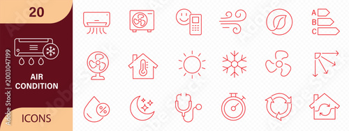 Air Conditioning icon set. Containing fan, wind, blow, air conditioner, cooling appliance, cooling fan, air cleaner, climate control, heating, and more. Editable line icons. Vector
