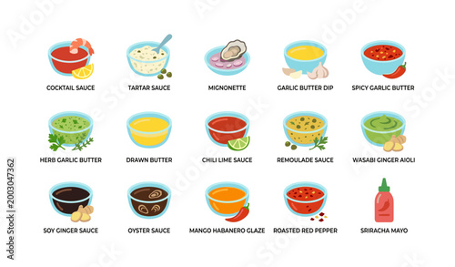 Condiment and dipping sauce icons for seafood and dishes