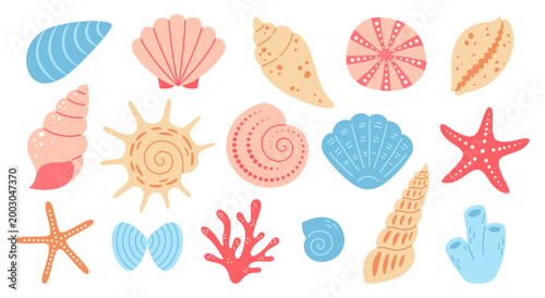 Sea shells, mollusk, mussel, starfish, spiral snail and corals set. Vector illustration of seashell in pastel colors. Tropical beach, ocean or sea life theme. Element in flat style on white background