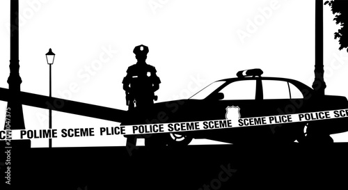 Police silhouette at crime scene dramatic black and white investigation scene