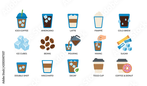 Coffee beverage icons arranged in grid on white background
