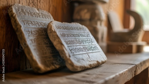Ancient stone tablets with carved inscriptions on a wooden shelf