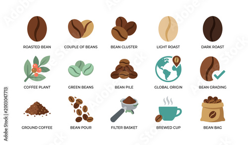 Coffee icons showing beans, brewing equipment and packaging