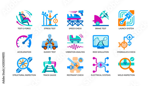 Ride testing icons showing inspection tests and safety checks