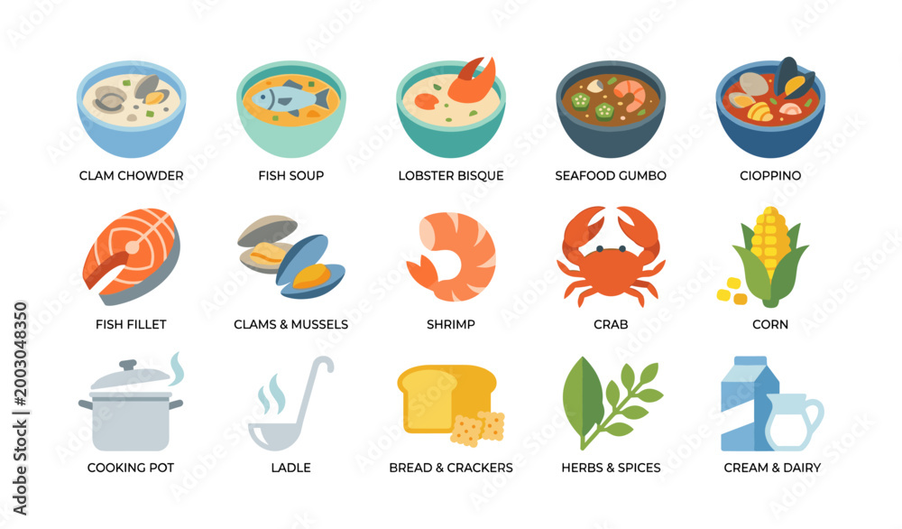 Fototapeta premium Seafood and cooking icons of dishes on white background