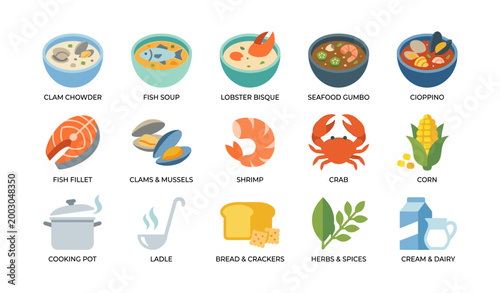 Seafood and cooking icons of dishes on white background
