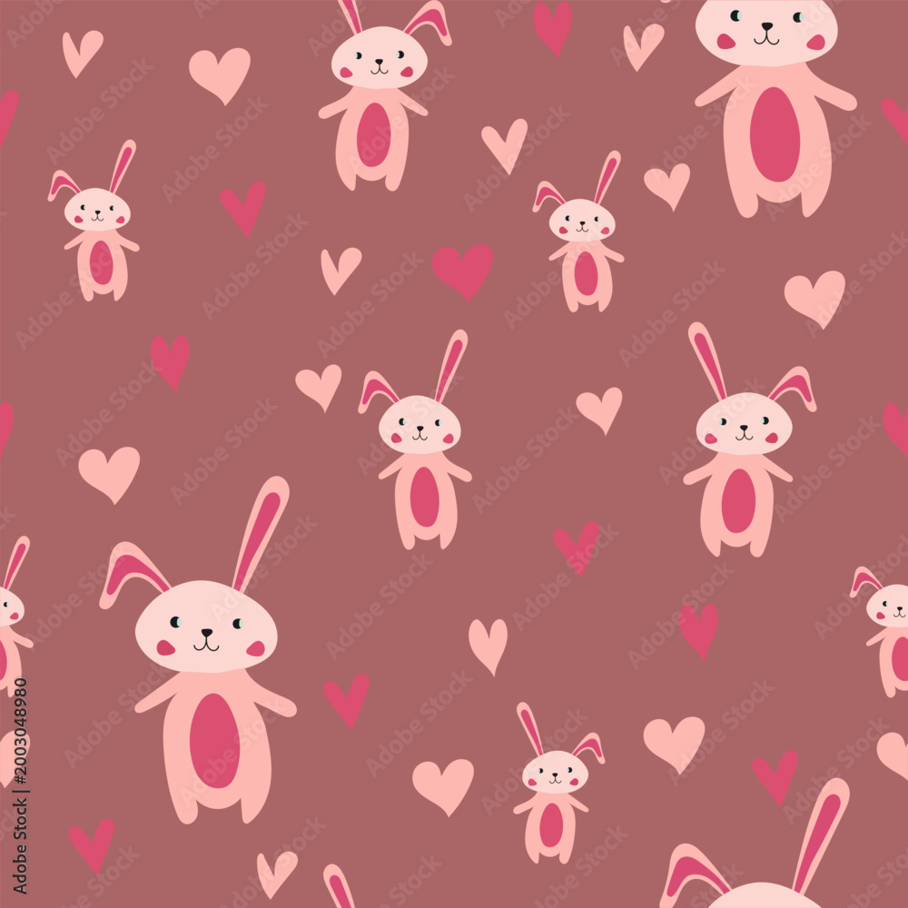 Fototapeta premium Adorable seamless pattern with cute bunnies on red background, playful nursery design for baby products.