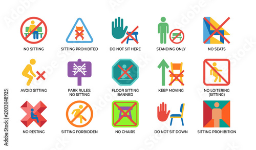 No sitting icons indicating prohibition and standing rules in parks