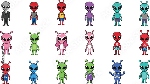 Colorful Alien Characters Vector Set Featuring Cartoon Extraterrestrial Figures in Different Outfits Styles and Poses for Sci Fi Illustration Kids Design and Animation Projects.