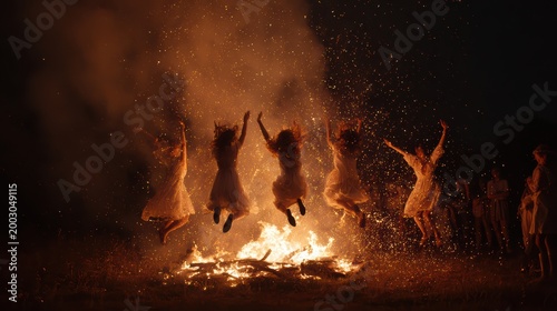 Small group of people jumping over a bonfire during Ivan Kupala night, sparks flying, traditional pagan atmosphere, intense firelight on faces, summer night realism