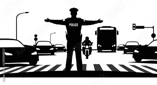 Police officer directing traffic in a city street silhouette illustration