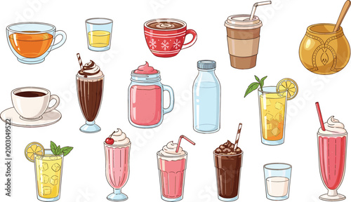 Variety of drinks illustration set including tea, coffee, milkshakes, juice, and cocktails, colorful beverage collection for cafe menu, restaurant design, and refreshment themes