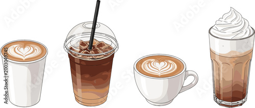 Coffee drinks set including latte, iced coffee, cappuccino, and layered milkshake, realistic beverage illustrations for cafe menu, barista design, and drink branding