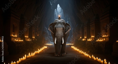 Mysterious Elephant Walking in Candlelit Cave Temple