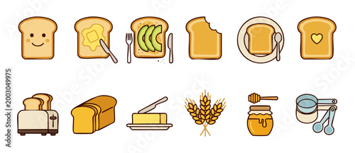 Bread and Toast Icons Set - Breakfast Food Elements, Toaster, Butter and Avocado Slices Vector Illustration for Menu Design, Bakery Branding, Healthy Cooking Concept, Flat Minimalist Style Graphic Set